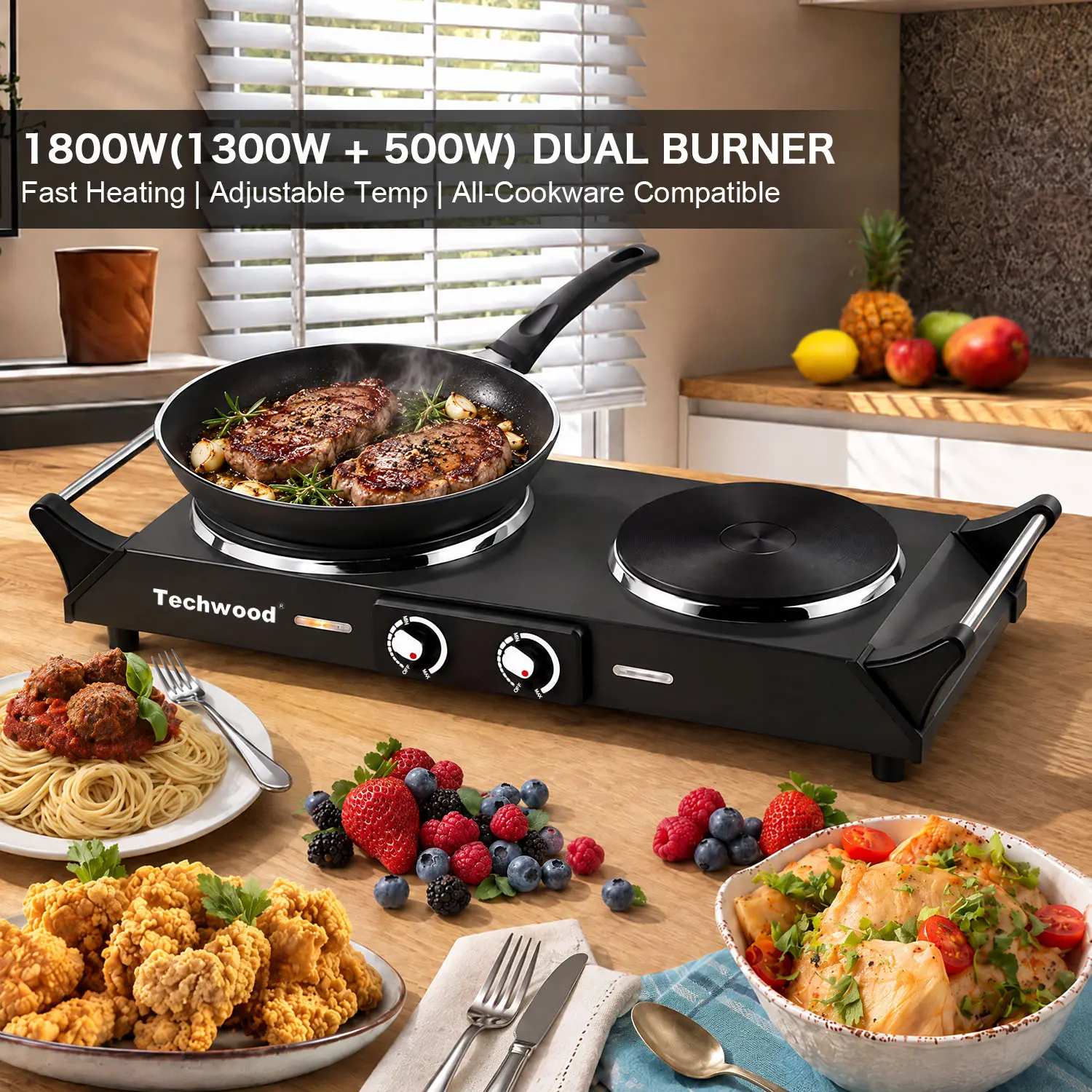 Techwood 1800W Electric Double Burner Hot Plate, Portable Countertop Stove with Knob Control & Adjustable Temperature, Cool-Touch Handles, All-Cookware Compatible, Compact Stainless Steel Cooktop