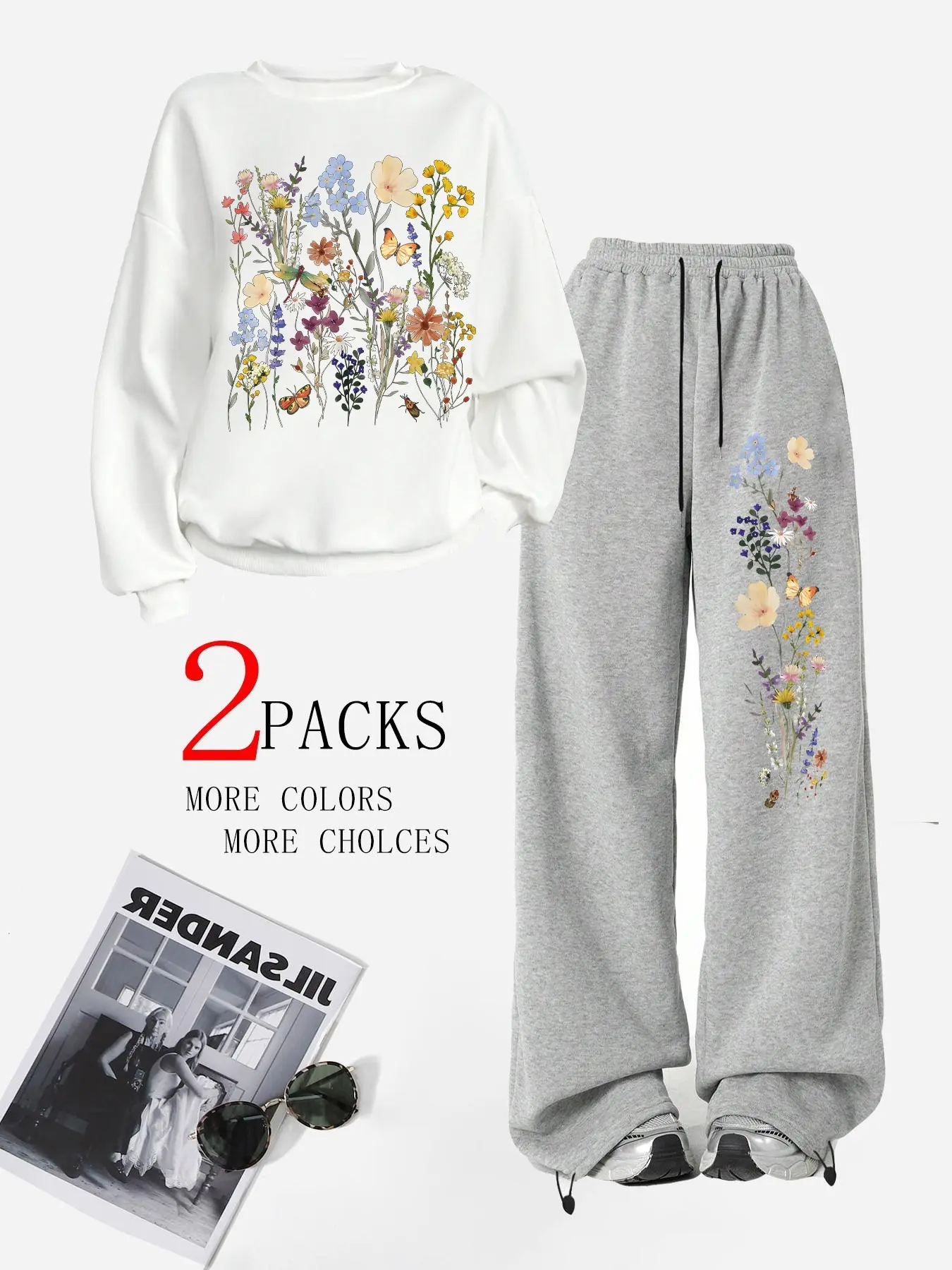 Women's Floral Pullover Sweater & Warm Sweatpants Set, Casual Loose-Fit Winter, Perfect Gift for Friends and Mom