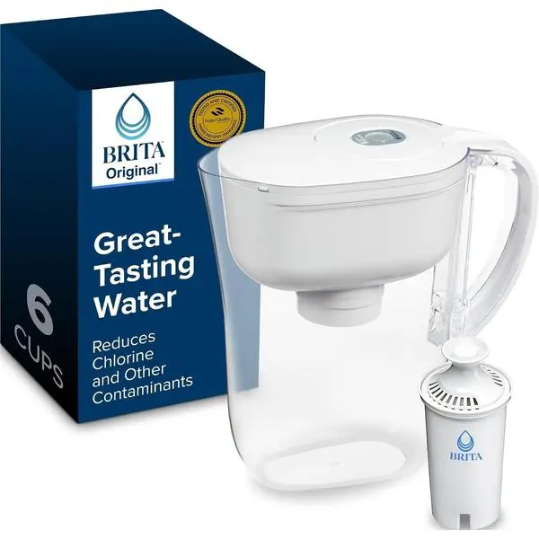 Brita Small 6-Cup Water Filter Pitcher, Includes 1 Filter, White | WQA and NSF/ANSI Certified, Reduces Chlorine, Copper, Mercury & Cadmium, Lasts 2 Months, Household Essential