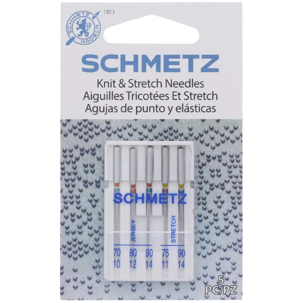 Schmetz Stretch Needles 5-Pack - 1853, 130/705 H Standard Shank, for Home Sewing Machines, Prevents Skipped Stitches, Reduces Thread Shredding, Ideal for Elastic Wear, Knit Fabrics, Synthetic Suede