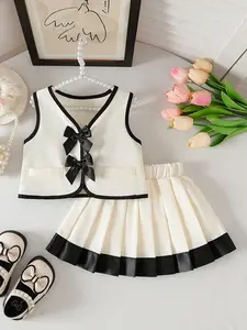 Girl Valentine's Day set, gift, Baby Clothing, Summer skirt set for baby girls, black and white college style, Baby girl beige vest+pleated skirt two-piece set, Black bow tie+contrasting edging, suitable for school wear, family gatherings