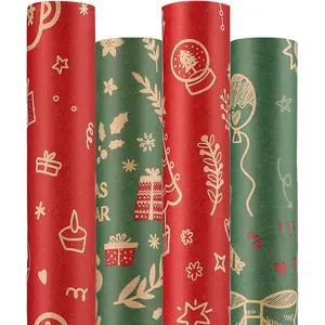 Christmas Wrapping Paper (4 Rolls: 93 sq. ft. ttl.)  Set Featuring Santa Claus, Snowman & Xmas Presents, Red & Green Holiday Designs for   Wrap Needs 17 Inch X 16.4  Per Roll