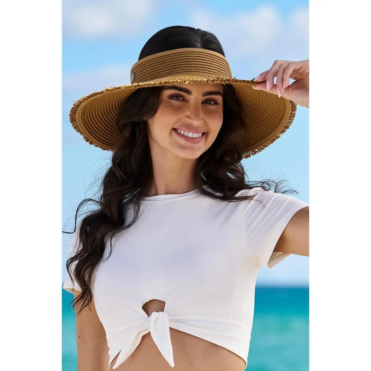 Frayed | Women's Coolibar Rolled Packable Braid Visor | Toast