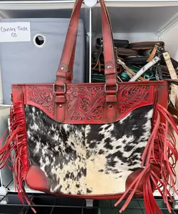 *SALE* Large genuine cowhide & tooled leather tote bag with fringe- Red