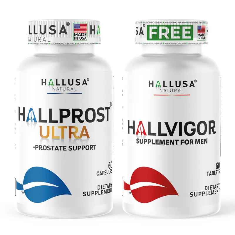 HALLUSA NATURAL Hallprost Ultra & Hallvigor Sugar-Free Dietary Supplement Capsules (120 Caps) - Adult Men’s Prostate Support, Energy Boost, Lactose-Free, with Pygeum + Pumpkin Seeds, Vitamins, Natural Ingredients