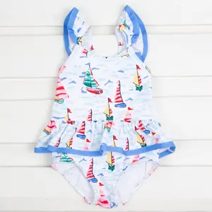 Watercolor Sailboat One Piece Swimsuit - Girls Swimwear with Bow and Peplum Ruffle