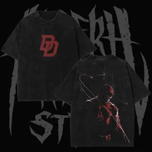 Retro Red Blind Vigilante Graphic T-Shirt – Vintage Washed Comic DD Hero Style Cotton Tee, Urban Streetwear Unisex Black Shirt, Gift for Fan, Gift for Him