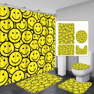 1/3/4PCS Smiley Faces Shower Curtain set, Cheerful Emoji Bathroom Decor, Accessories with Bath Mat, U-shaped Mat,Toilet Lid Cover, 12 Hooks 180x180cm Curtain, Happy Vibes, Home Decor, bathroom accessories, Shower Essentials