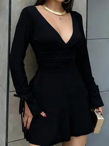 Women's Plus Size Long Sleeve Bodycon High Waist Dress, Butterfly Knot Sleeves, Deep V Neck Slit Adjustable Drawstring, Casual Date, Feminine Chic, Casual Wear