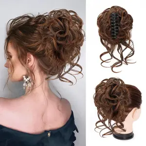 Women's Synthetic Fiber Messy Bun Clip-in Hair Extensions, Black Brown mix Light Auburn Natural Fake Ponytail Soft Wavy Curly