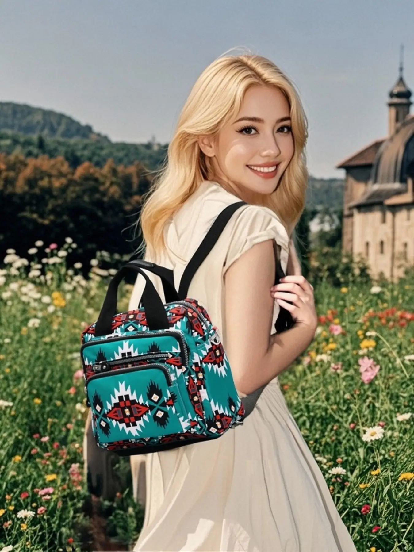 Women's Ethnic Pattern Zipper Crossbody Bag, Boho Style Large Capacity Handbag, Fashionable Crossbody Bag for Daily Use