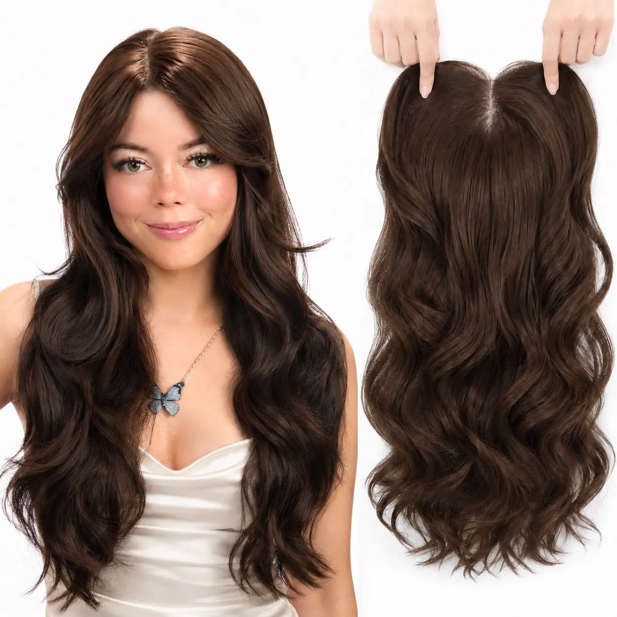 Full Coverage 22 inch Hand Tied Hair Topper Cap-Free Wig No Glue or Wig Cap Needed Natural Hairline Blends Seamlessly with Your Hair Instant Volume&Length No Excess Lace, No Glue, No Hassle More Coverage Than a Topper, Easier Than a Wig