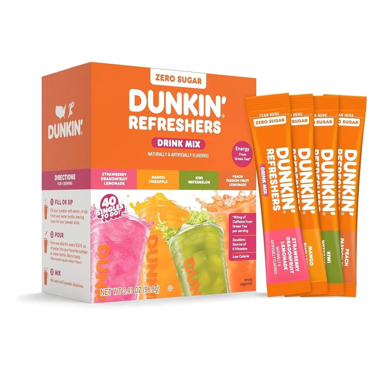 Dunkin’ Refreshers Singles To Go Powdered Drink Mix, 40 Ct Variety Pack, Green Tea Energy, Aspartame Free, No Synthetic Colors, Just Add Water, 40 Single-Serve Packets