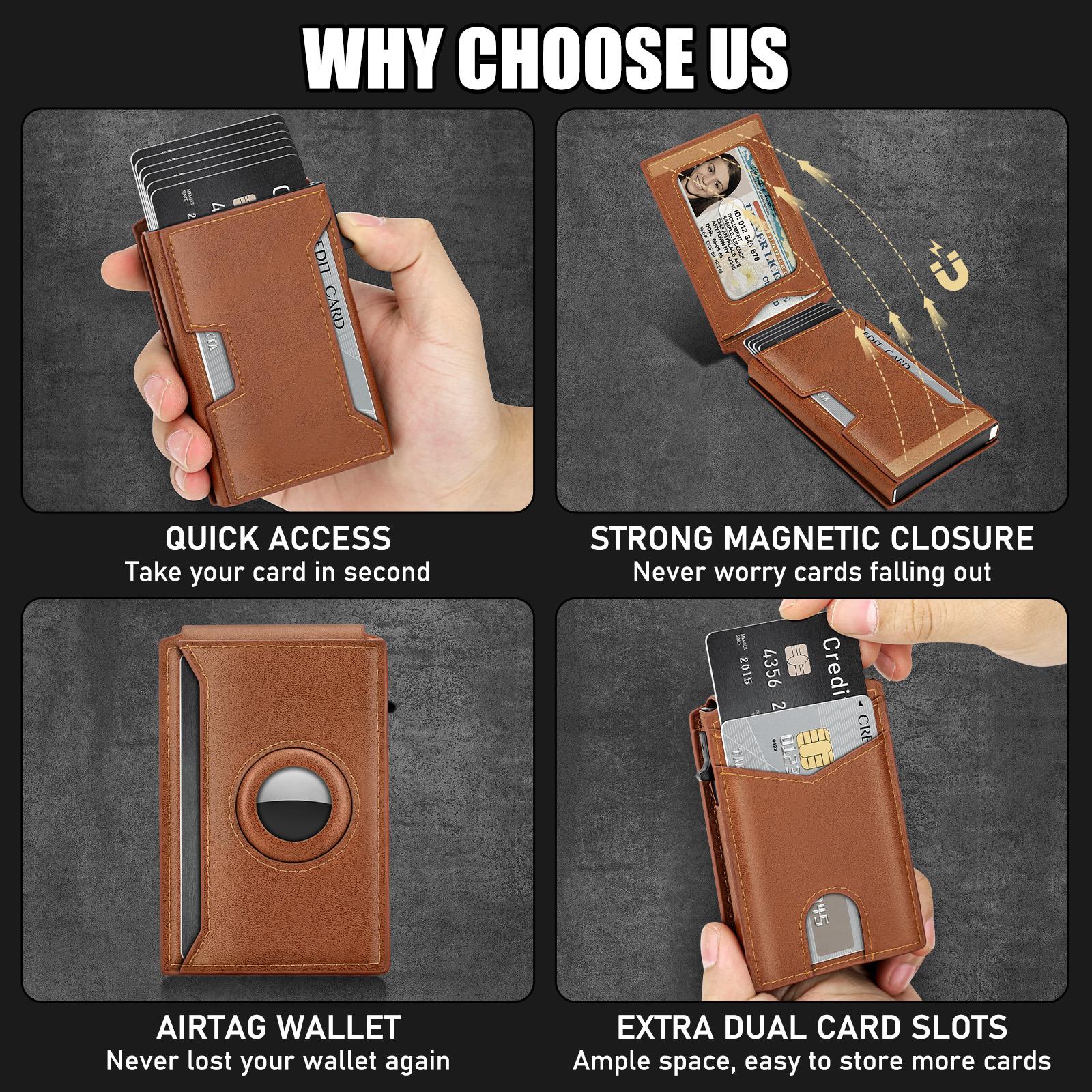 Mens Smaer Wallet Card Holder for Air Tag,Minimalist Wallet with ID Window & Cash Slot,Slim Pop Up Card Case Wallet with 9-14 Card Capacity