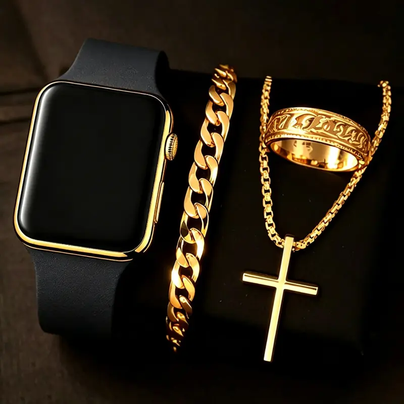 Men's LED Electronic Exquisite Watch Set, Trendy Wristwatch, Fashionable Watches, Fashion Wristwatches, Square Gold Analog Dial, Plastic Case, Holiday Style, Perfect Gift for Boyfriend