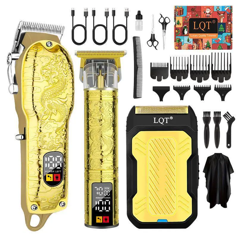 LQT Professional Men's Hair/Face Clipper & Beard Trimmer Grooming Kit, Cordless USB Charge Barber Set for Home/Barber Use, Stainless Steel Blades, Digital LCD Display, Long Run Time, ABS Housing