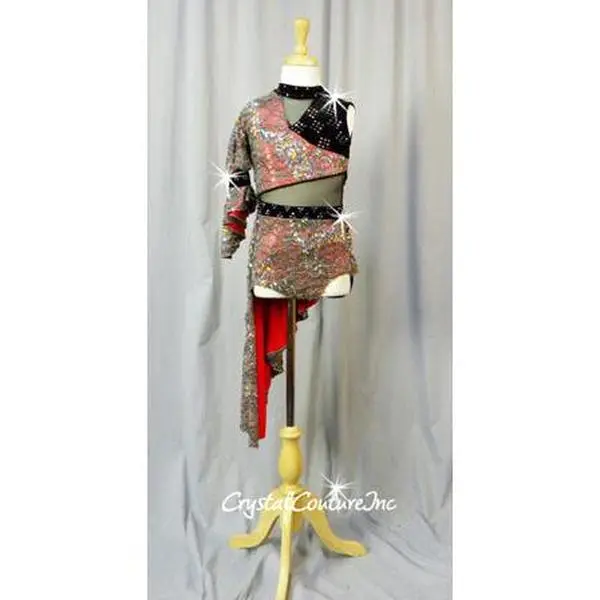Silver Sequin Mesh 3/4 Sleeve Leotard Lined with Red - Back Asymmetrical Skirt - Swarovski Rhinestones