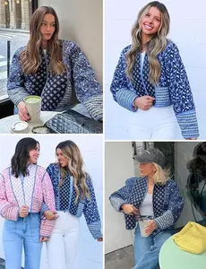 Women's Lightweight Quilted Jacket – Floral Print Cropped Puffer Coat, Stylish Short Winter Outwear, Open Front Padded Jacket Casual Womenswear Tops Outerwear