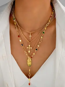 Multilayer Cross Virgin Mary Necklace Set | Religious Pendant | Colorful Crystal Beaded Layered Choker | Non-Fading Gold Plated | Perfect for Party & Daily OOTD | Religious Aesthetic