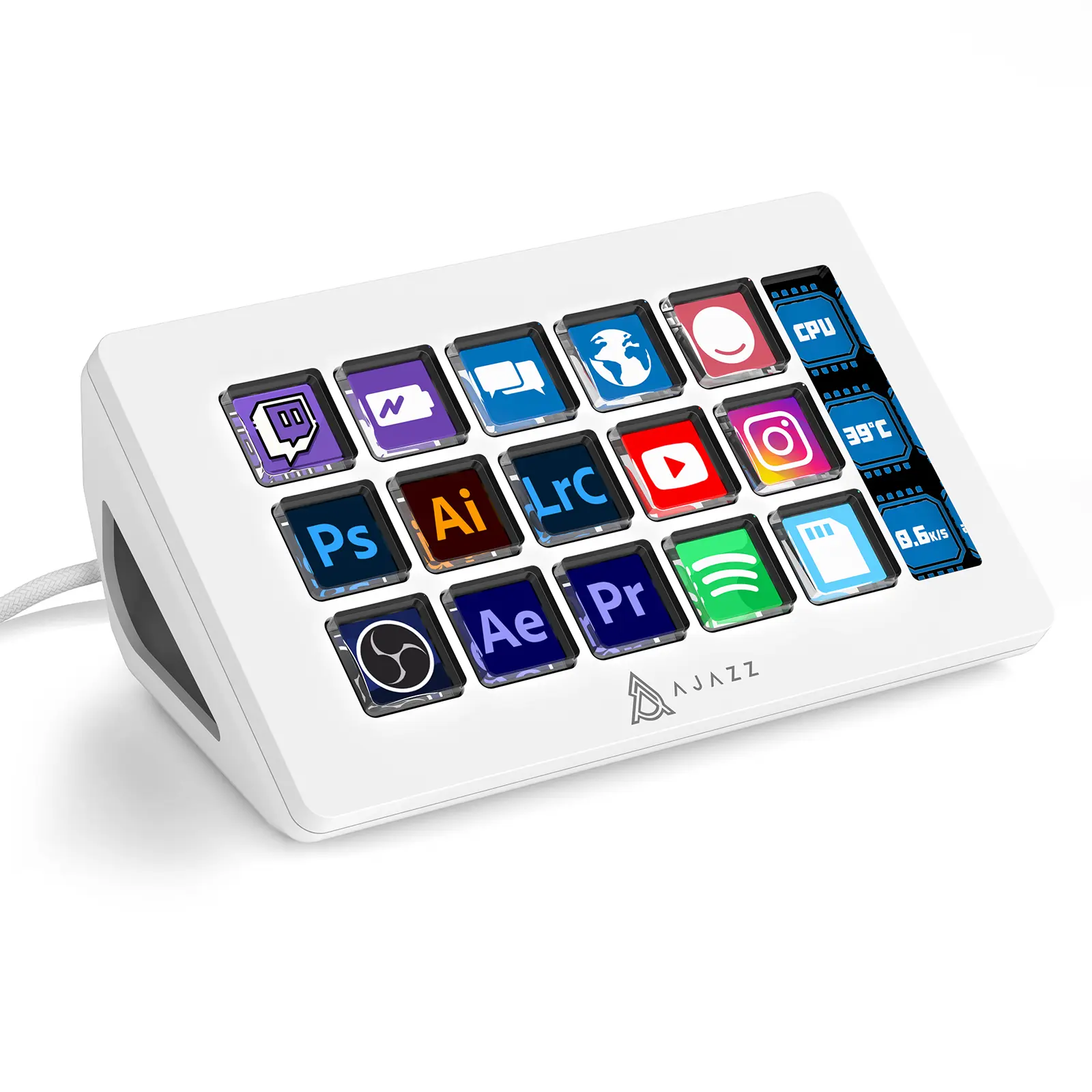 AKP153 Streaming Studio Controller Keypad Type-c Wired with 15 Macro LCD Key&1 Side Screen Display Detachable Stand for Multi Action Triggered in Win MAC Twitter TikTok YouTube OBS App White