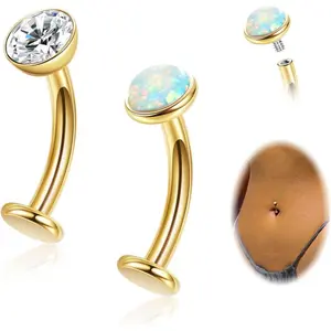 2 count 14G F136 Titanium Floating Belly Button Rings for Women Flat Back CZ Belly Rings Opal Curved Navel Rings Disc Bottom Belly Piercings Jewelry 8/10/12/14mm