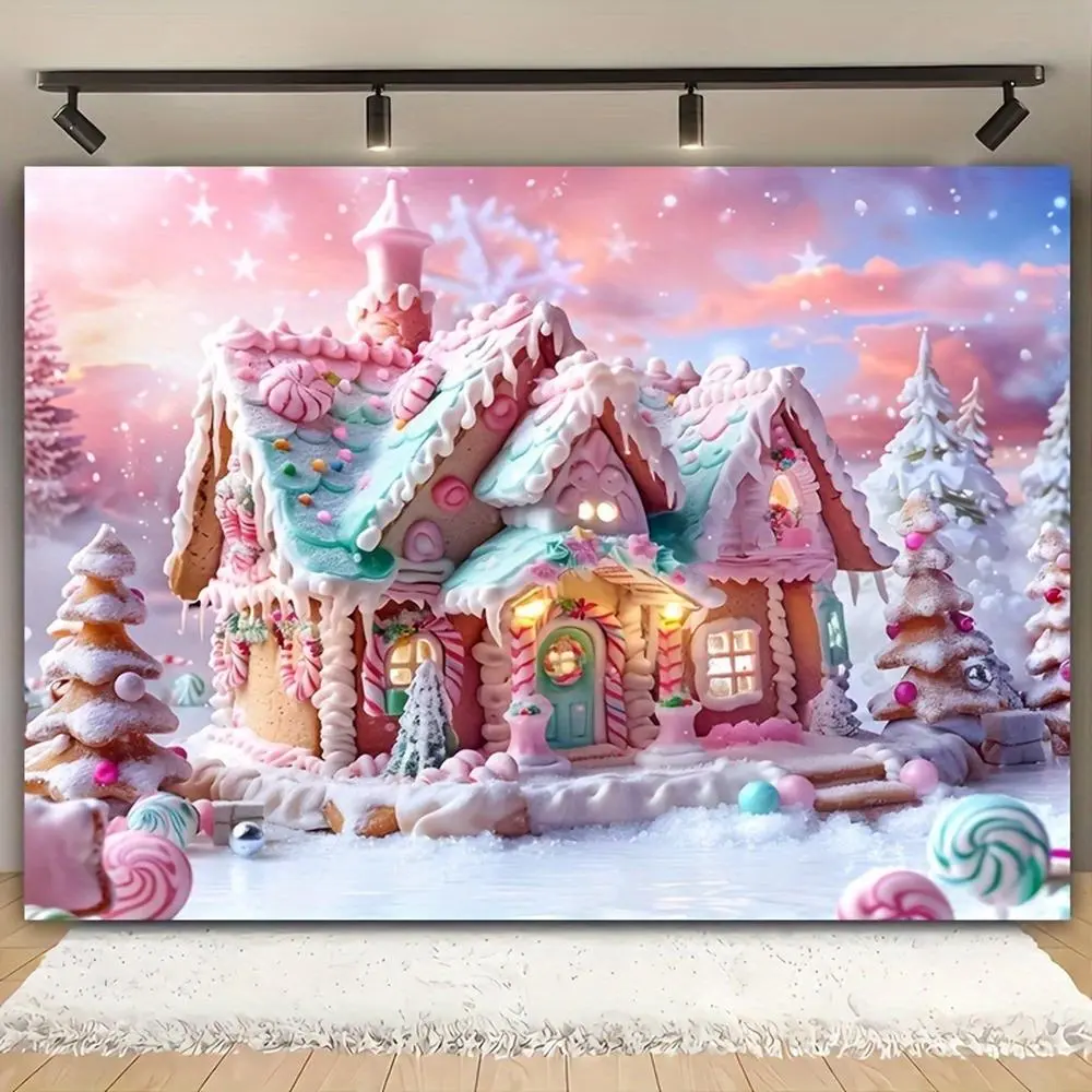 1pc Polyester 2D Flat Decorative Christmas Charm Backdrop - Durable, Cute Cartoon Dessert Cabin, Cookies, Tree, Snowflakes, Pink Sky Elements, Ideal for Living Room, Outdoor Textile Decor, Indoor