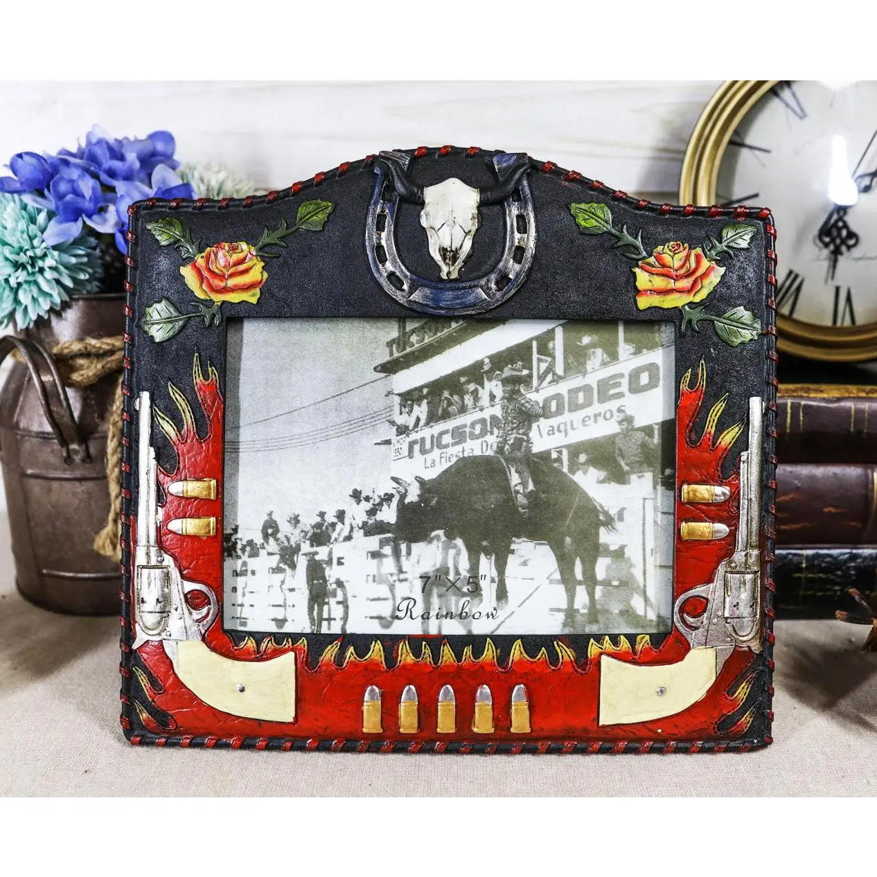 Rustic Western Cowboy Dual Gun Revolvers Horseshoe Cow Skull Photo Frame 5"X7"