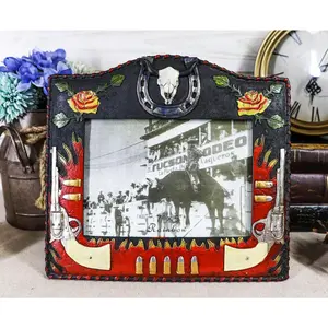 Rustic Western Cowboy Dual Gun Revolvers Horseshoe Cow Skull Photo Frame 5"X7"