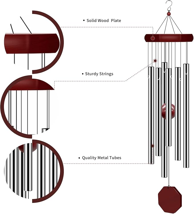 2-Pack Large Deep-Tone Memorial Metal Windchimes - 2pcs Silver Nylon Outdoor Grief-Ready Chimes with 6 Tuned Pipes (6.8-10.9in, 28in Total), Decorative Quiet Bedroom Patio Gift for Home Garden, Garden Decor