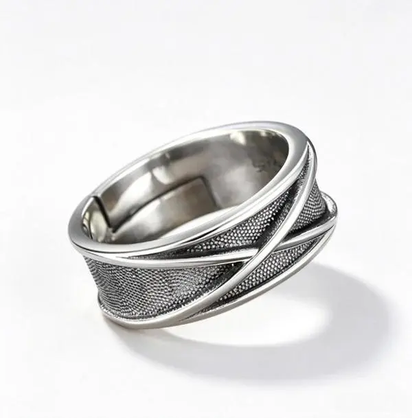 Men's Funky Intertwined Cross Wide Band Adjustable Open Ring - Antiqued Brushed Stainless Steel Textured Statement Ring, Hypoallergenic Anti-Fade Punk Gothic Biker Jewelry, Fits Various Finger Sizes, Perfect Gift for Male Adults
