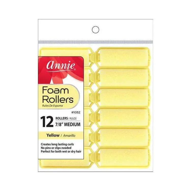 Annie #1052 Heatless Curl Set - 7/8" Medium Yellow Foam Dry Self Grip Rollers, 12 Count
