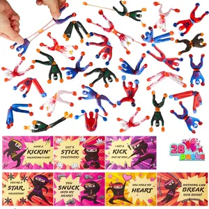 JoyX 28 Packs Valentines Day Sticky Wall Climbing Men Ninja with Gifts Cards Set, Stress Relief Toys, Valentines School Class Exchange Cards