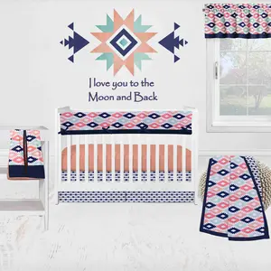 Bacati - Aztec Emma 6-Piece Crib Bedding Set with Crib Rail Guard - Coral/Mint/Navy Girls