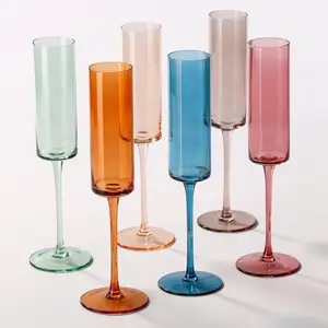 Comfit Colored Champagne Flutes Set of 6 Hand-Blown Crystal Glasses, Lead-Free, Muted Vintage Design for Cocktail and Celebration - Drinkware