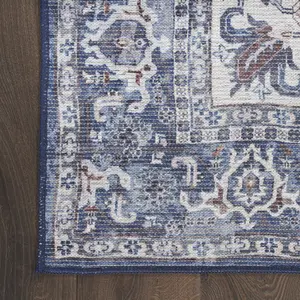 360 Stand 8 ft. Floral Motif Power Loom Distressed Look Cotton Blend Washable Runner Rug, Blue & Ivory, Traditional Home Decor