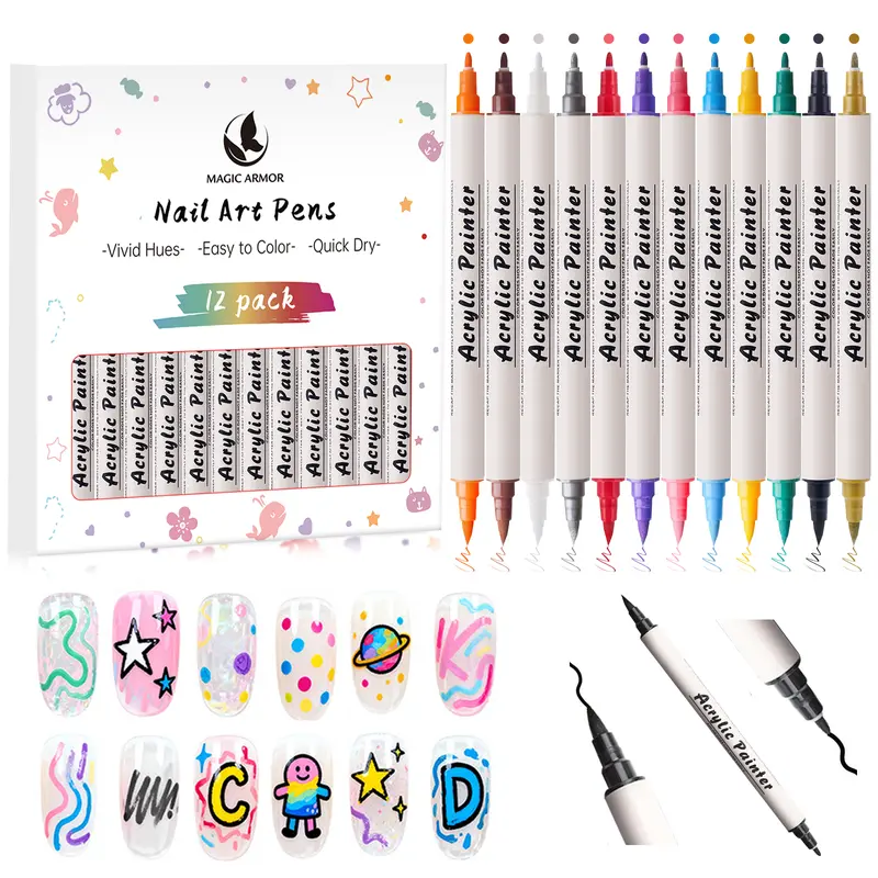 MAGIC ARMOR 24-Color Nail Art Pen Set, Quick-Drying Acrylic Paint Markers for DIY Nail Designs, French Tips, Home & Salon Manicure