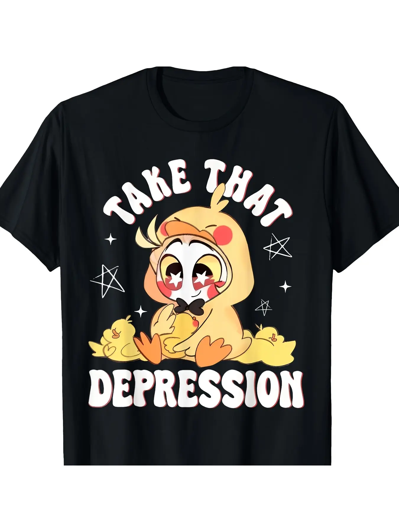 Halloween Cartoon Pattern T-Shirt, Short-Sleeved Round Neck T-Shirt, Regular Fit, "Get Rid of Depression" Design