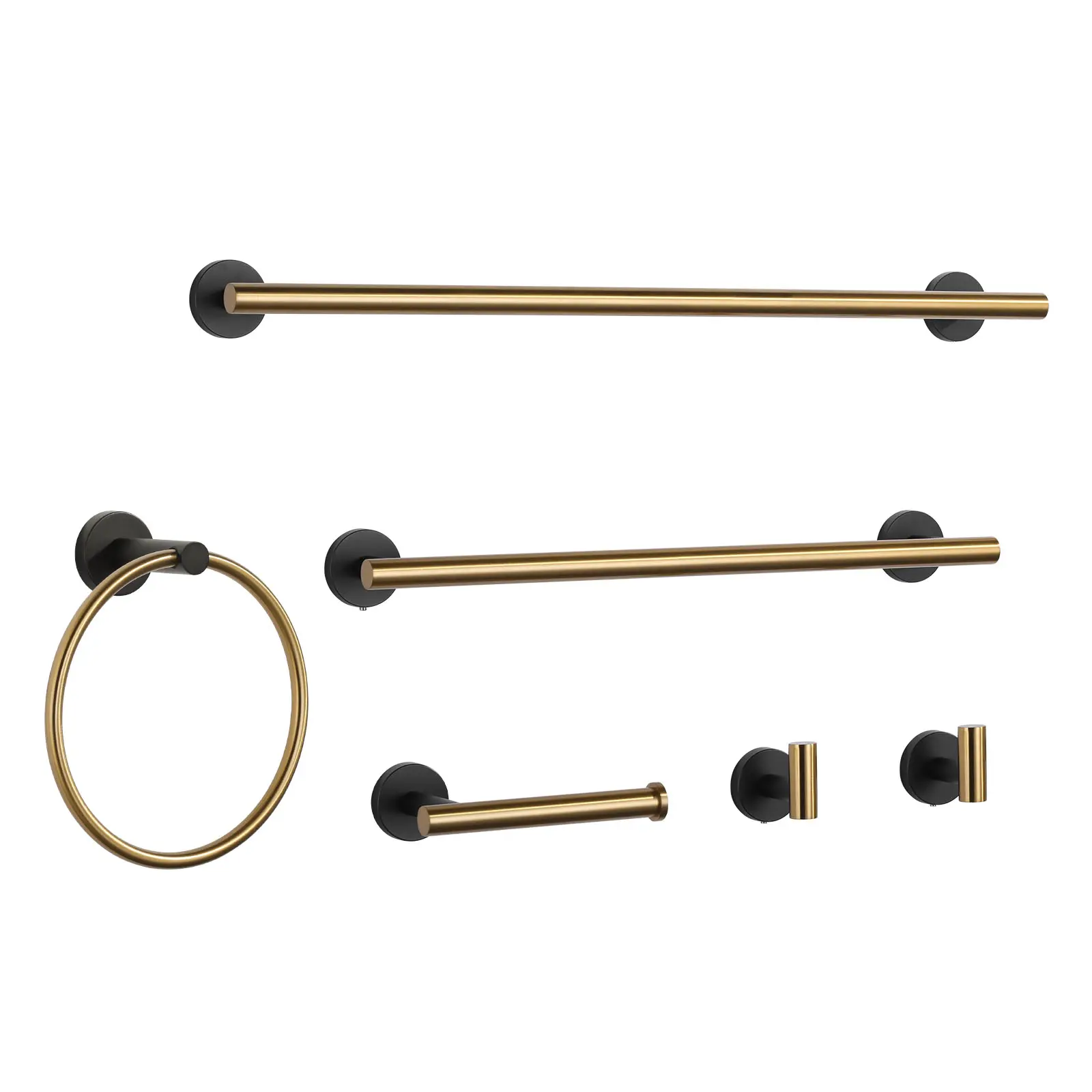 WOWOW 6-Piece Stainless Steel Wall-Mount Bathroom Fixture Set - Bathroom Sets with Round Swiveling Ring, Multiple Lengths Hand Towel Bar, Hook, Black-Gold Toilet Paper Holder, Anti-Drop End Cap, Concealed Mounting Hole for Flexible Storage Solutions, Room
