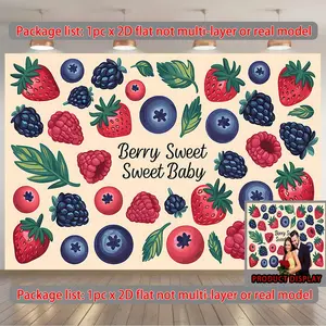 1PC Polyester Reusable 2D Flat Backdrop Banner - Berry Print Photo Background, Baby Party Decor, Birthday Photography Prop, Strawberry Blueberry Raspberry Curtain
