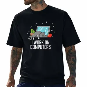 Humorous Cat Computer Shirt – I Work On Computer Casual Tee