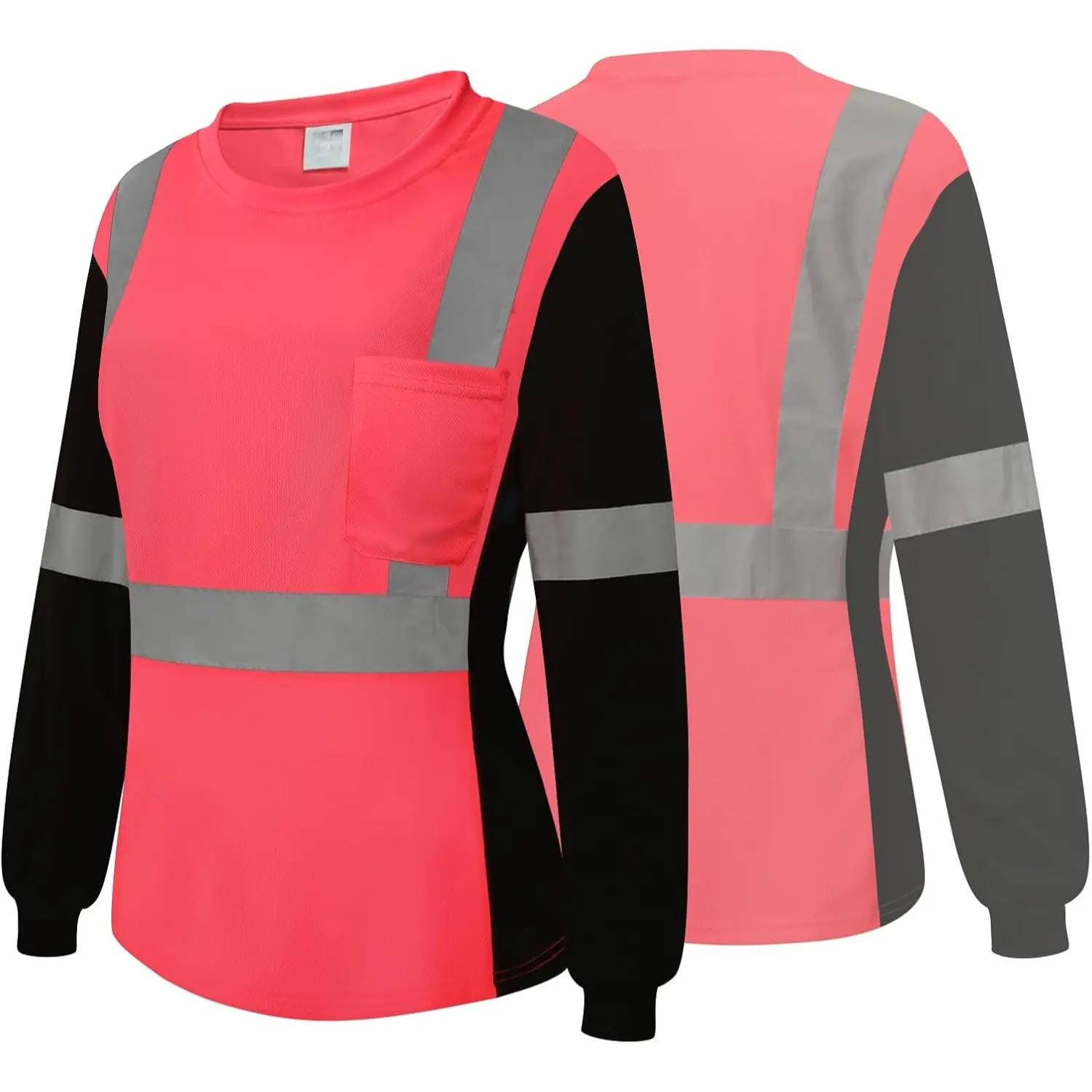 High Visibility Long Sleeve Hooded Work Shirt Moisture Wicking Polyester Safety Shirt with Chest Pocket for Construction Outdoor Work Running Men Women