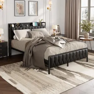 Full Black Upholstered Bed Frame with Charging Station Faux Leather Platform Bed with Headboard Footboard Storage Headboard with USB Ports Outlets