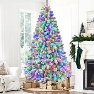 【Black Friday】SHareconn Pre-Lit RGB Snow Flocked Christmas Tree 4/6.5/7.5 FT with Remote Control Multi-Color LED Lights Deluxe Hinged Design Ideal Xmas Decoration