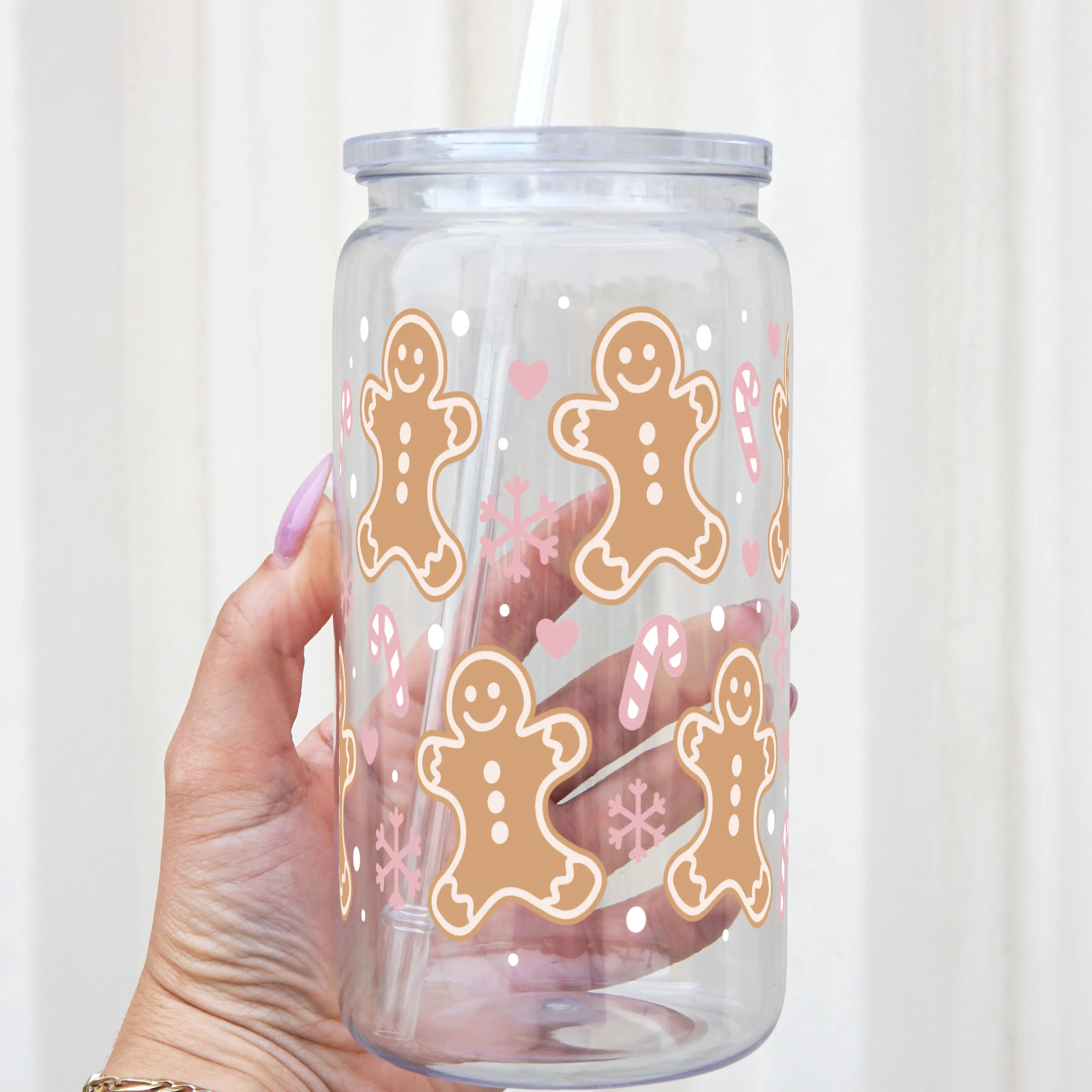 Pink Gingerbread Christmas 40oz Glass Tumbler with Lid and Straw, Iced Coffee Drinkware, Gift for Her, Acrylic Tumbler, water bottle for women, christmas gift, Water Bottles, Washable, Mug, Bottled