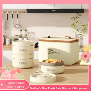 4 Pcs Insulated Bento Box Portable Stainless Steel Food Container Round Microwave Safe Stackable Leakproof Thermal Food Container for Adult Men Women with Insulated Bag(Beige)