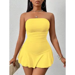 Women's Solid Color Fashionable Pleated Ruffle Hem Romper