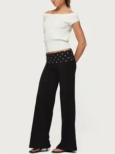 Edikted Reeva Polka Dot Foldover Pants - Wide Leg Fit, Cotton & Spandex, Machine Washable