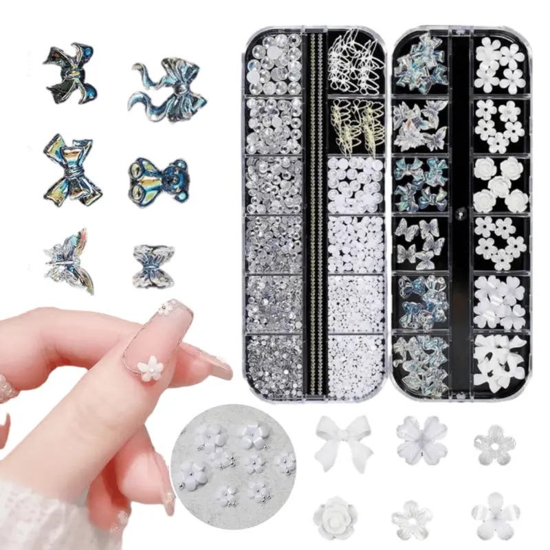 2 Pack 3D Acrylic Butterfly Flowers Nail Accessories Diamond Pearl Chain Half Circle Decal Jewelry Metal Hollow Nail Accessories Fashion Accessories