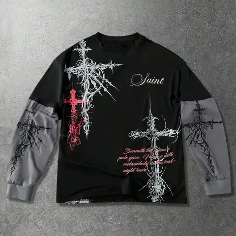 Unisex Gothic Fashion Style Long Sleeve Fitted T-Shirt with Rune and Cross Print, Ideal for Streetwear and Hip Hop Culture, Perfect Matching Couple Tops