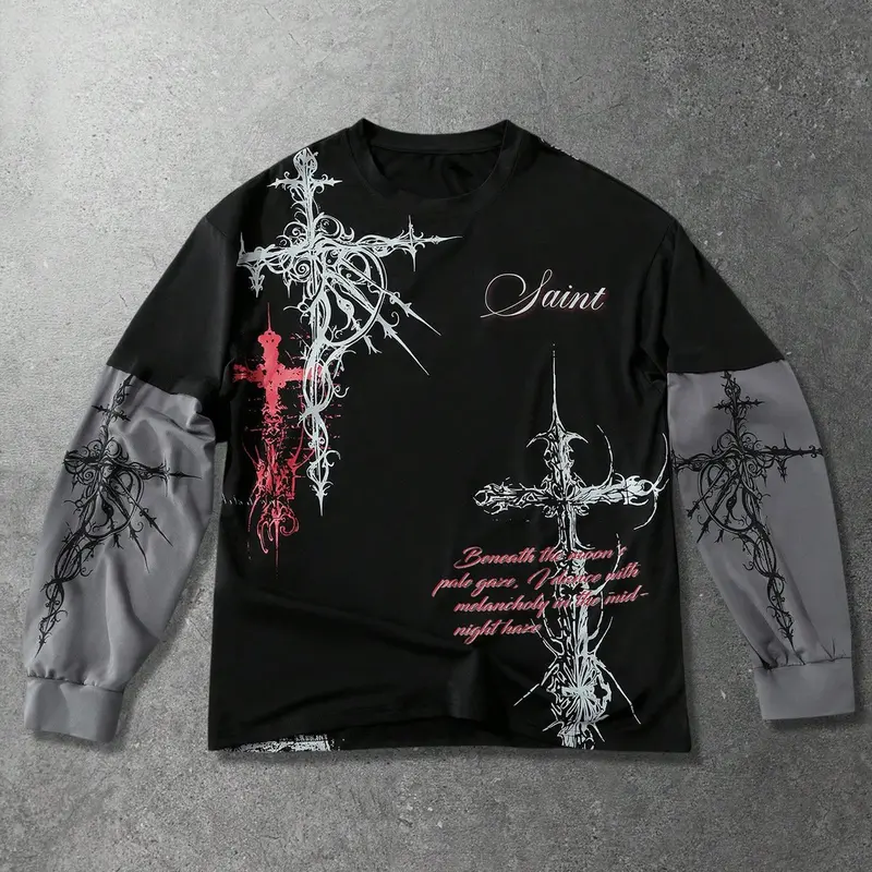 Unisex Gothic Fashion Style Long Sleeve Fitted T-Shirt with Rune and Cross Print, Ideal for Streetwear and Hip Hop Culture, Perfect Matching Couple Tops